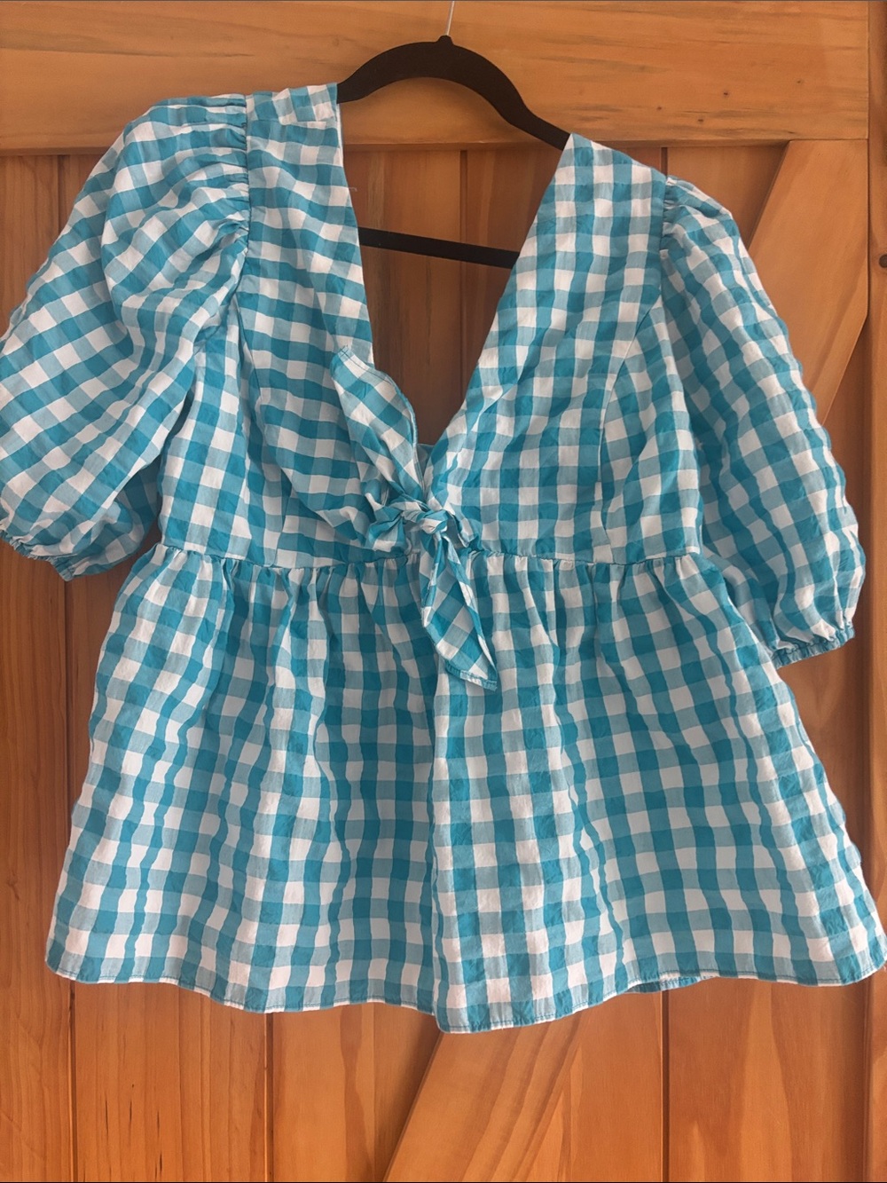 Lilly Pulitzer Aqua and White Gingham Tie-Front Peplum Blouse